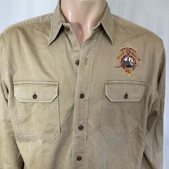 Rare Polo By Ralph Lauren Cotton Pheasant Patch Back Graphic Print Shirt Khaki L - Picture 5 of 17